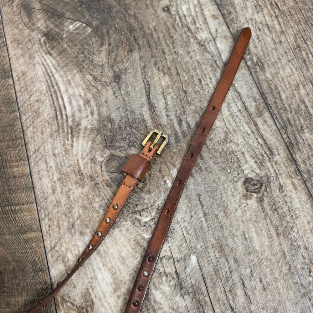 Y2K Brown Studded Leather Skinny Belt Boho Western Festival Distressed Vintage